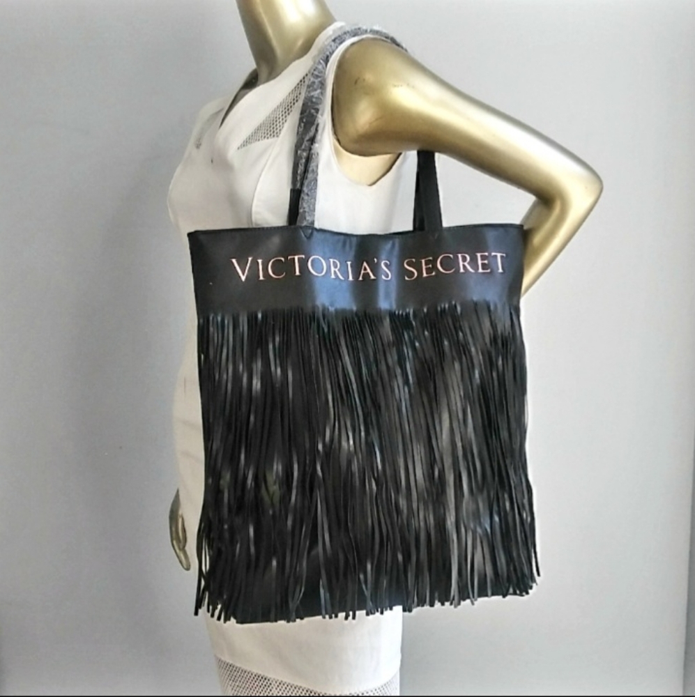 NWT $58 Victoria Secret black fringe large tote - Picture 3 of 16